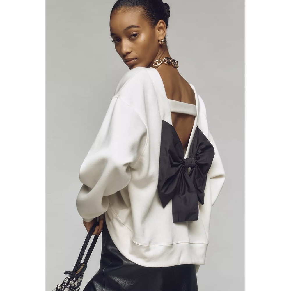 Anthropologie Maeve Creamy White with Black Bow-Back Sweatshirt Size Large NWT